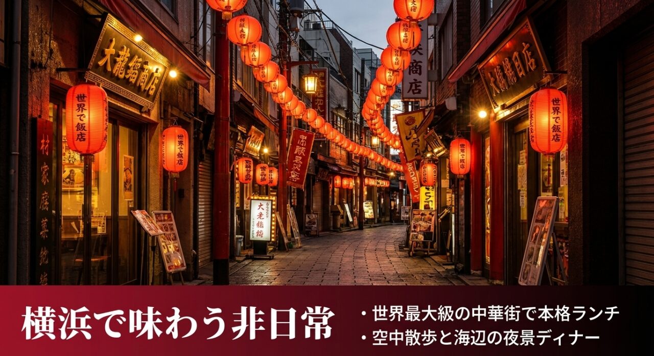 「横浜で味わう非日常・世界最大級の中華街で本格ランチ」というテキスト。中華街の活気ある雰囲気と、そこで楽しむ本格的な食事をイメージしたスライド。