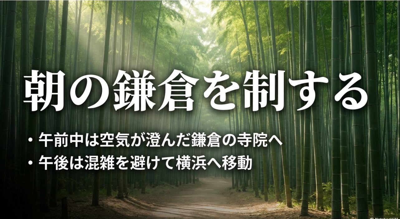 「朝の鎌倉を制する」という見出し。午前中は空気が澄んだ鎌倉の寺院を巡り、午後は混雑を避けて横浜へ移動する戦略を提案するスライド。