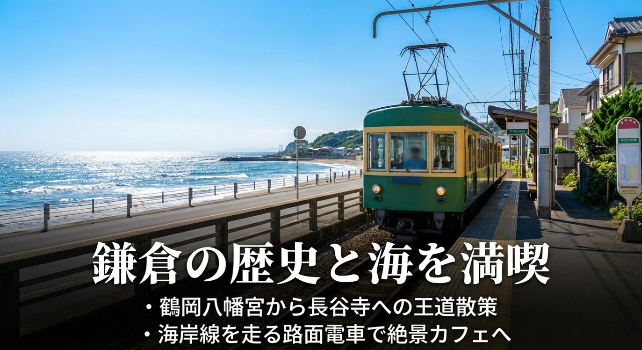 「鎌倉の歴史と海を満喫」という見出し。鶴岡八幡宮から長谷寺への王道散策ルートや、江ノ電（路面電車）で行く絶景カフェの魅力を紹介するスライド。