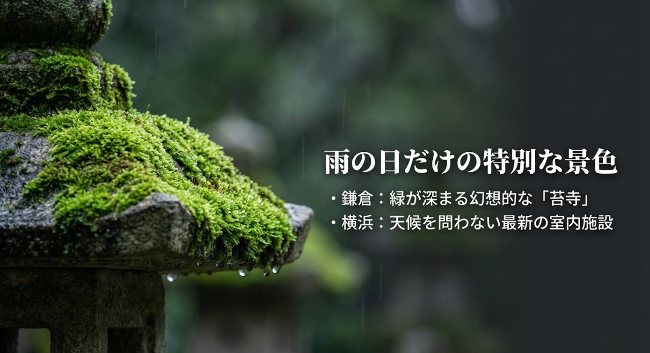 「雨の日だけの特別な景色」という見出し。雨で緑が深まる鎌倉の「苔寺」と、天候に左右されない横浜の最新室内施設を提案するスライド。