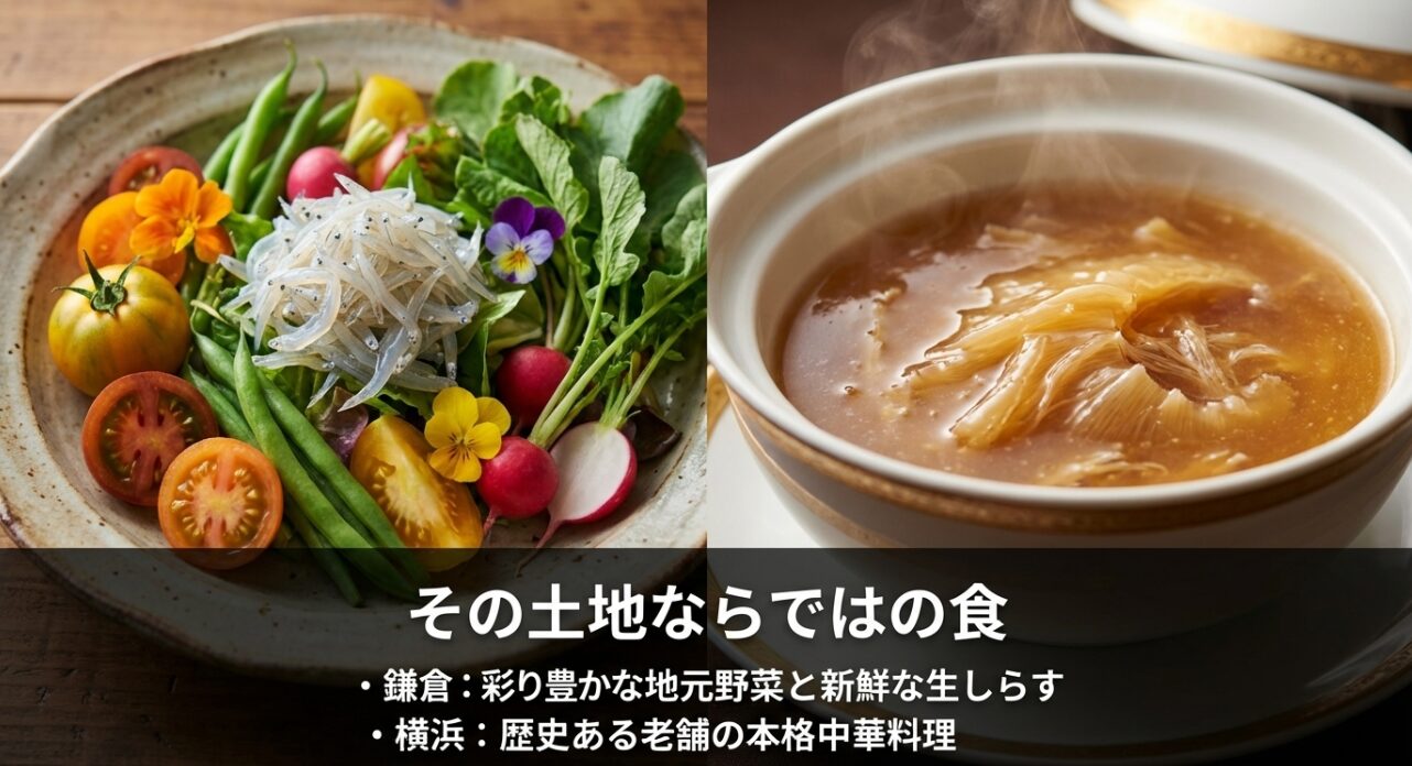 「その土地ならではの食」という見出し。鎌倉の地元野菜と生しらす、横浜の老舗中華料理という、両エリアを代表するグルメを比較したスライド。