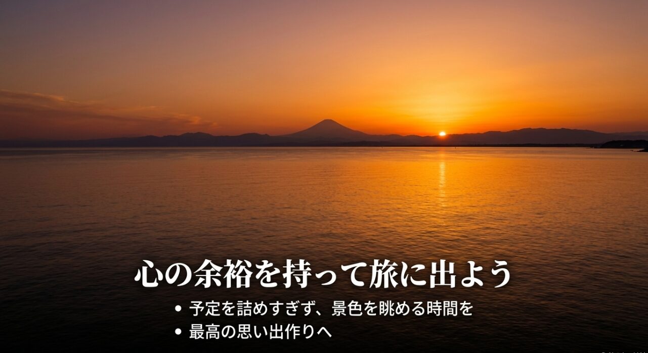 「心の余裕を持って旅に出よう」という見出し。予定を詰めすぎず、景色を眺める時間を大切にして最高の思い出を作ろうと呼びかけるスライド。
