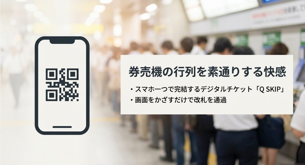 券売機の行列を避けるデジタルチケットQ SKIP。スマホをかざすだけで改札を通過できる快適な旅。