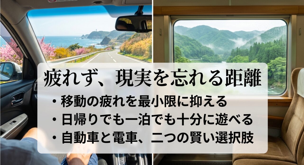 移動の疲れを最小限に抑え、日帰り・一泊どちらでも楽しめる「3時間」という距離のメリットを解説。