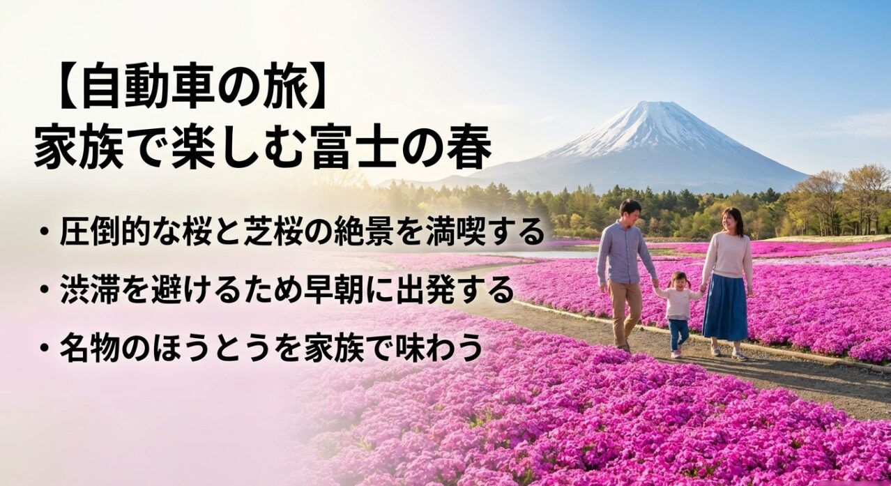  富士五湖周辺の桜や芝桜の絶景、名物のほうとうを楽しむ家族向けドライブのポイント。 