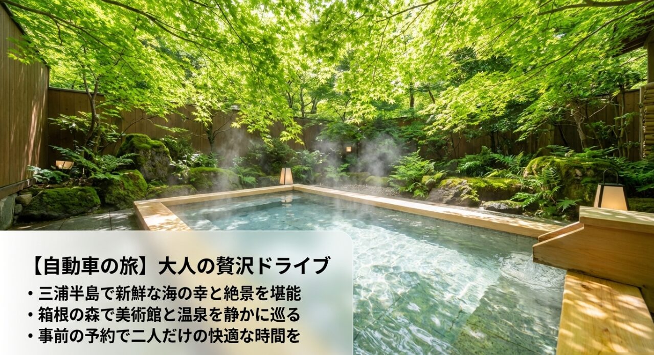 三浦半島の海の幸や箱根の美術館、温泉を巡る大人向けの贅沢なドライブコース紹介。