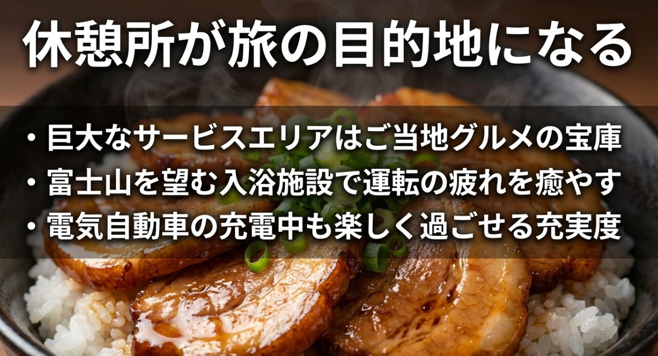 ご当地グルメや入浴施設、EV充電設備など、サービスエリアを目的地として楽しむ方法。