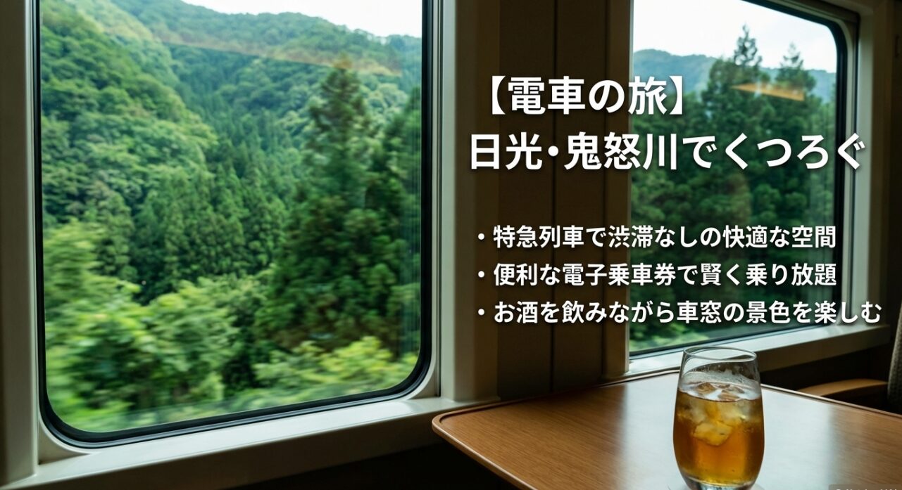 特急列車での快適な移動、電子乗車券の活用、車窓からの景色を楽しむ電車の旅。