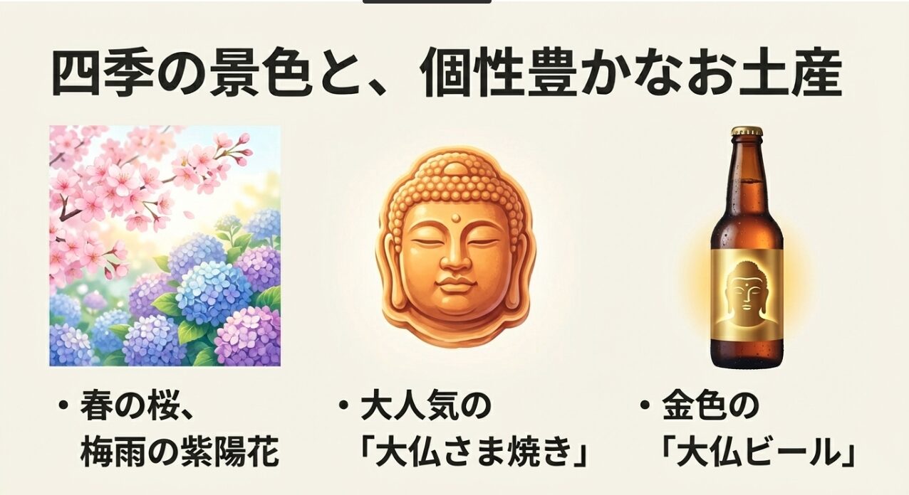 春の桜や梅雨の紫陽花、人気のお土産「大仏さま焼き」や「大仏ビール」をまとめたビジュアルスライド。 