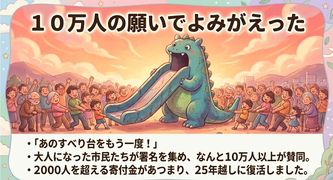 10万人以上の署名と2000人を超える寄付金によって、25年ぶりに復活したゴジラ滑り台の背景説明。