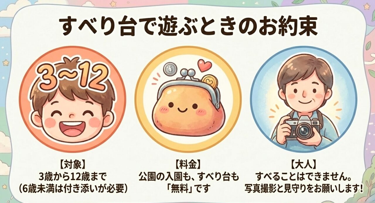 対象年齢3歳から12歳、料金無料、大人は滑走不可などの利用ルールを説明するアイコン。 