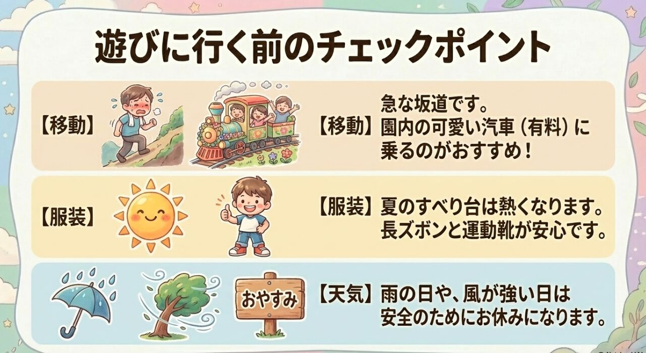 園内の坂道移動には汽車がおすすめであることや、雨天・強風時は安全のため休止になるという注意点。