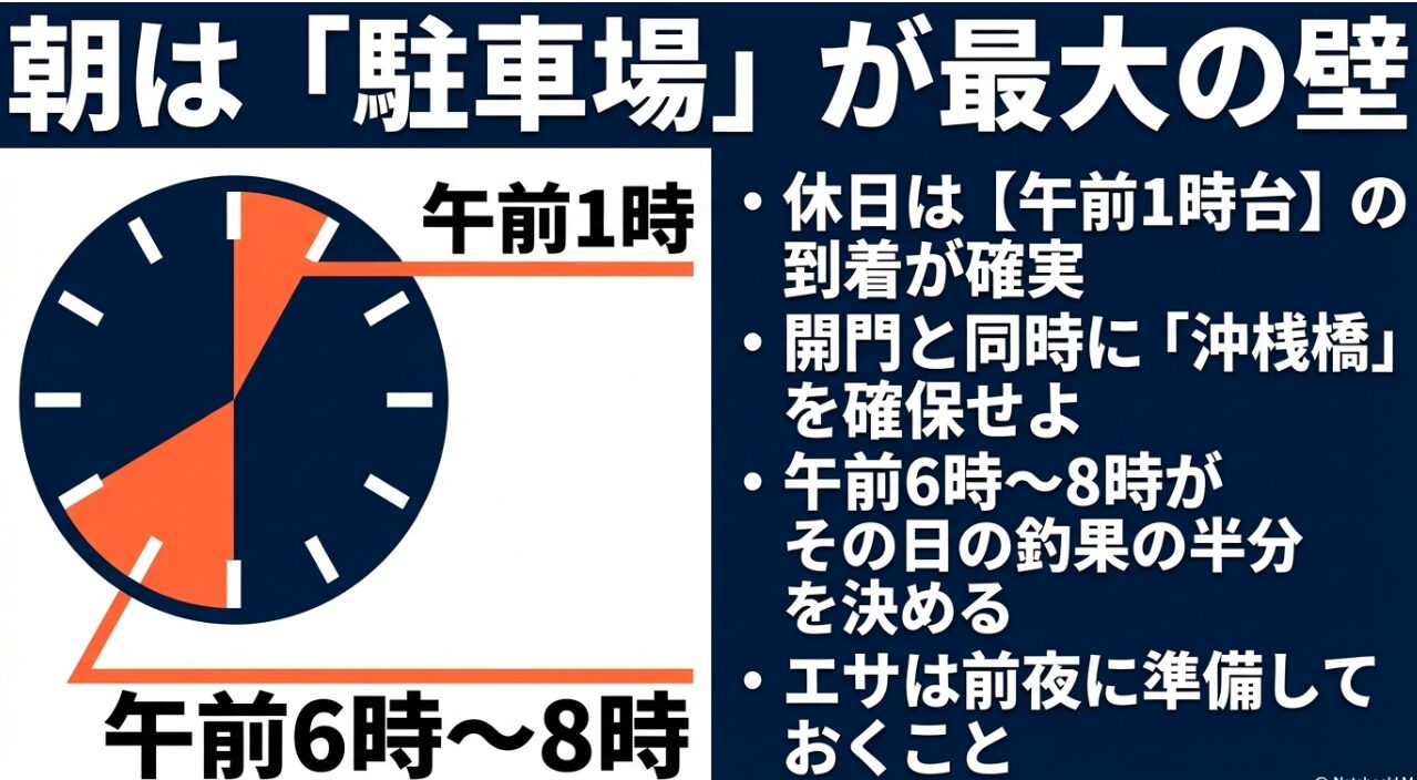 休日の本牧海釣り施設駐車場は午前1時台到着が目安。午前6時から8時が釣果の鍵。