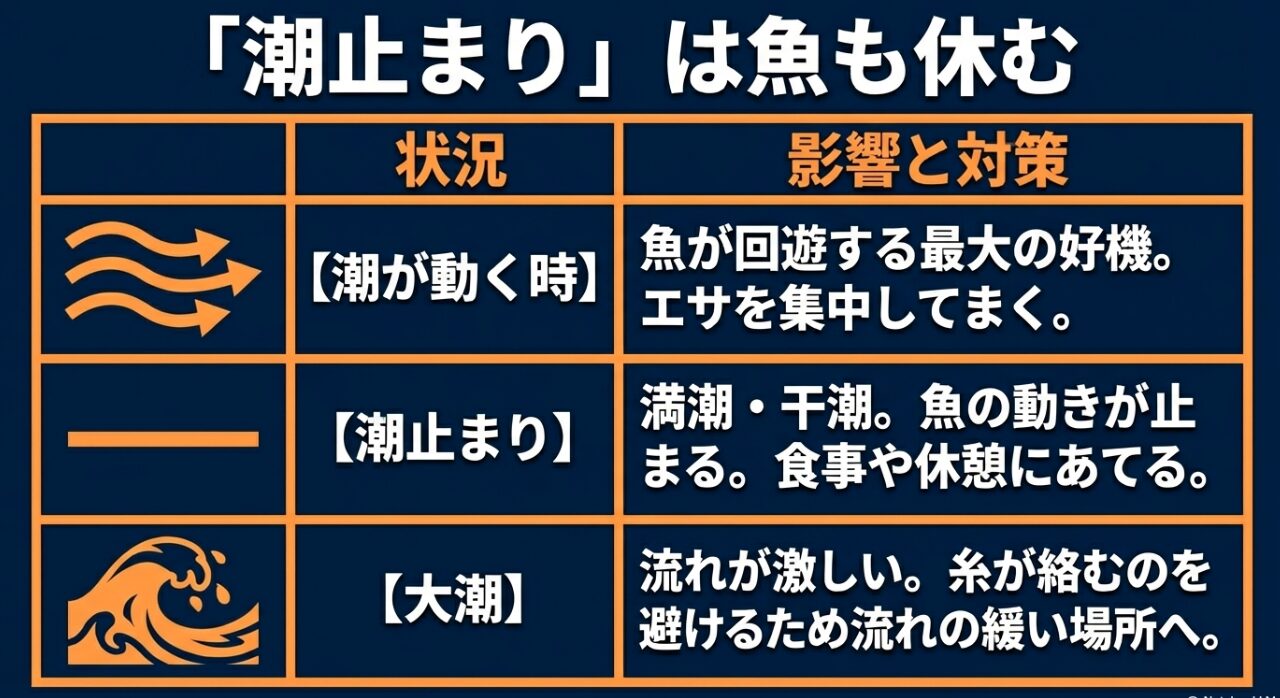 潮が動く時は回遊の好機、潮止まりは休憩。大潮の激流対策についての解説。