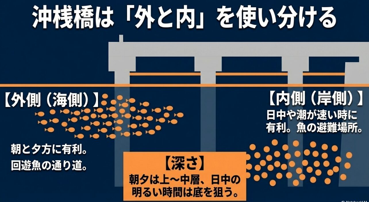 本牧海釣り施設の沖桟橋。回遊魚狙いの外側と、日中や潮が速い時に有利な内側の特徴。