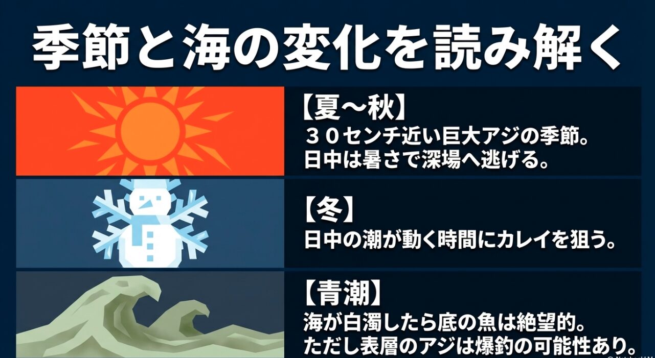 夏秋の巨大アジ、冬のカレイ、青潮発生時の魚の動きなど季節環境による釣果の変化。