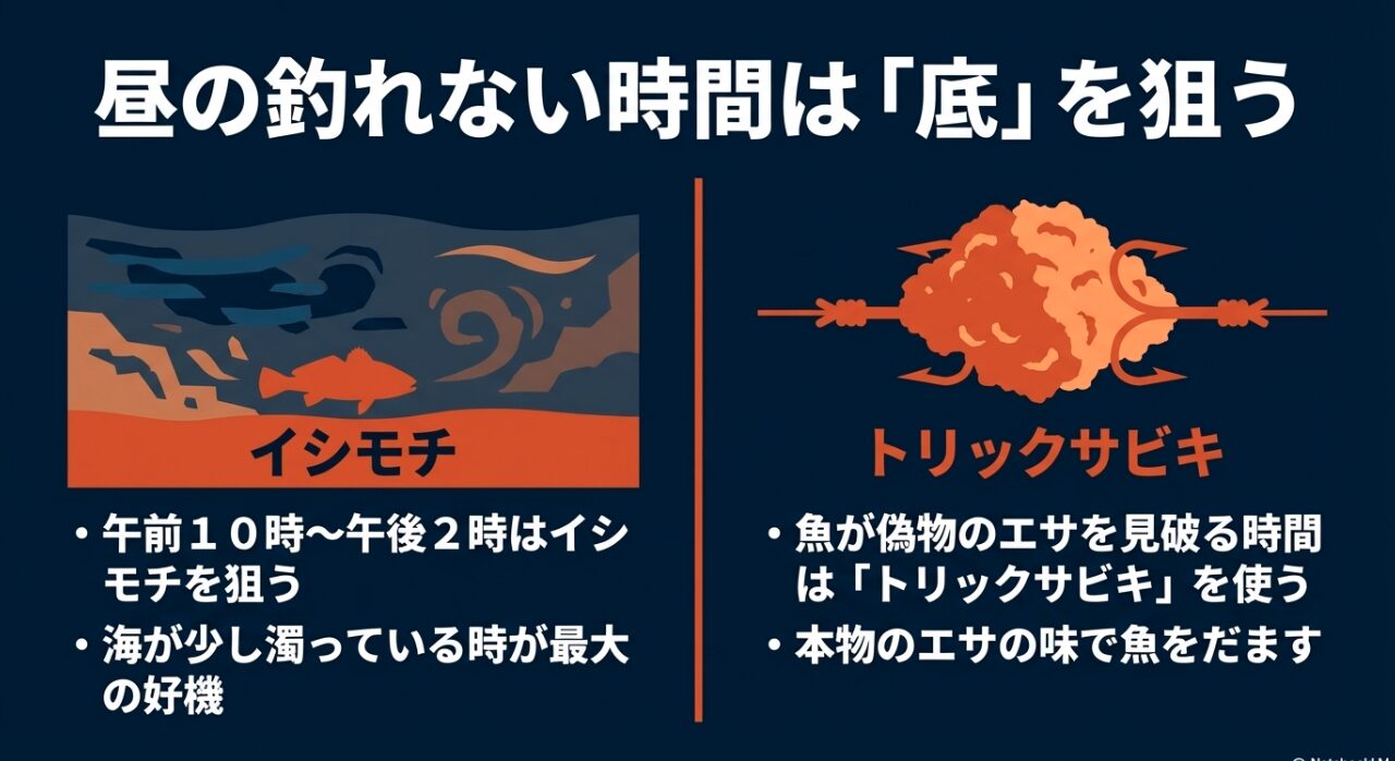 昼の釣れない時間に底を狙うイシモチ釣りと、食い渋りに効くトリックサビキの活用。