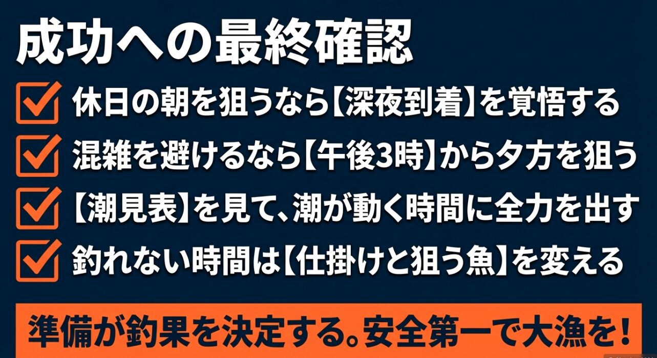 本牧海釣り施設成功への最終確認。深夜到着、午後3時エントリー、潮見表の活用。