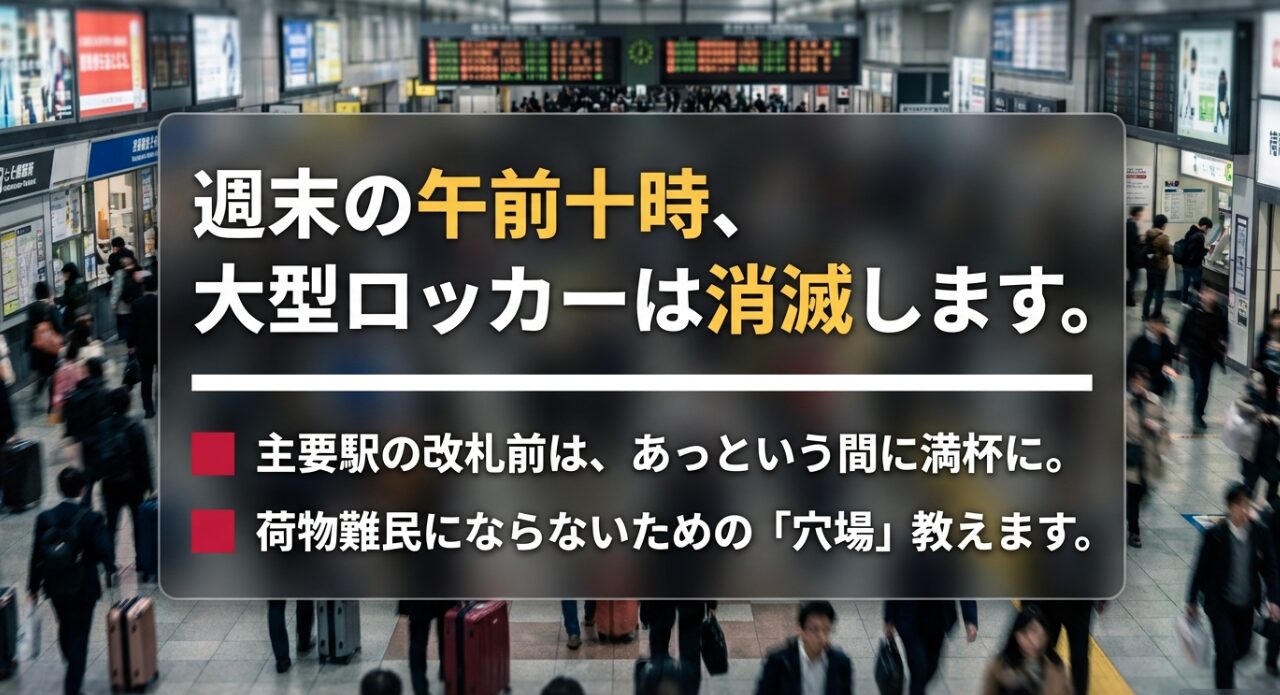 週末の午前10時には大型ロッカーが満杯になることを警告し、荷物難民にならないための穴場を教えるという内容のスライド。