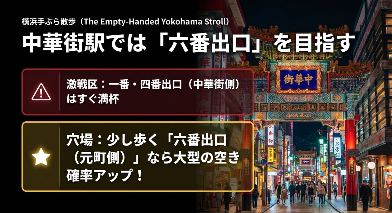 元町・中華街駅のロッカーマップ。激戦区の1番・4番出口に対し、穴場として6番出口(元町側)なら大型ロッカーの空き確率がアップすることを示している。