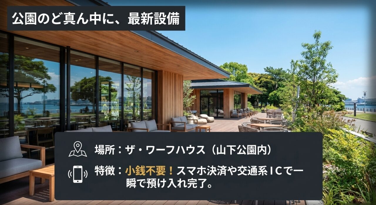 山下公園内にあるザ・ワーフハウスのロッカー紹介。小銭不要でスマホ決済や交通系ICに対応していることを説明している。