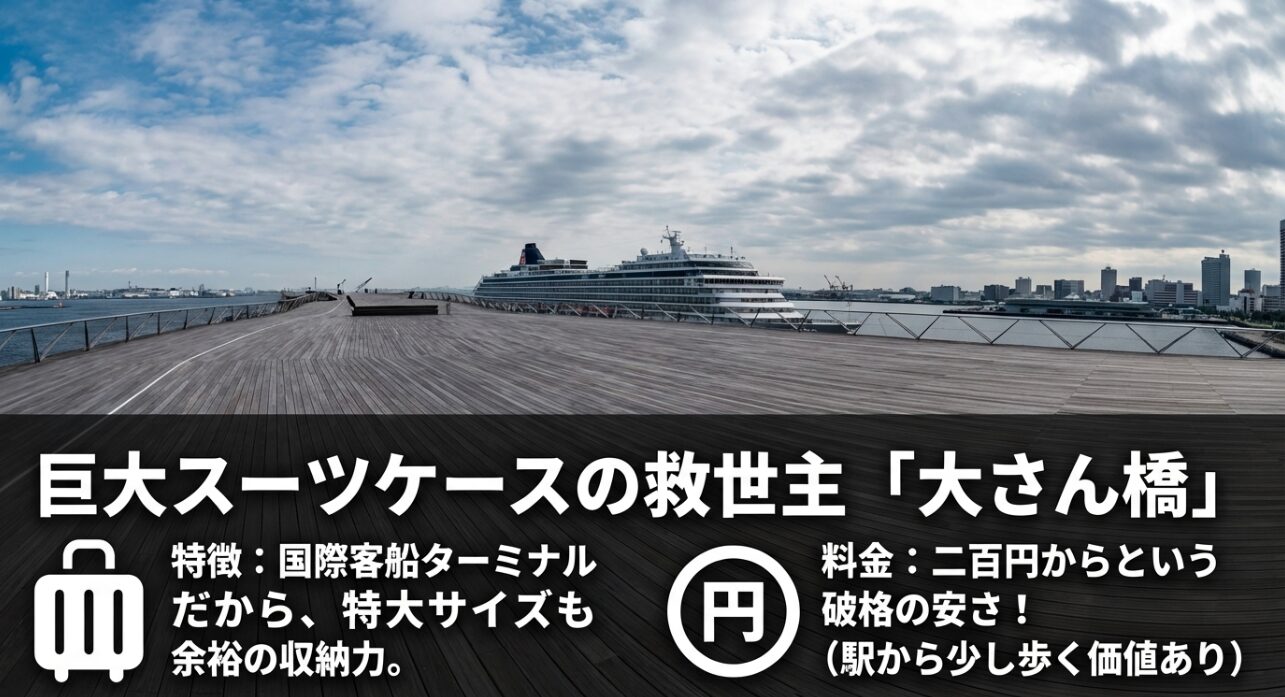 大さん橋国際客船ターミナルのロッカー紹介。特大サイズも収納可能で、料金が200円からという破格の安さであることを示している。