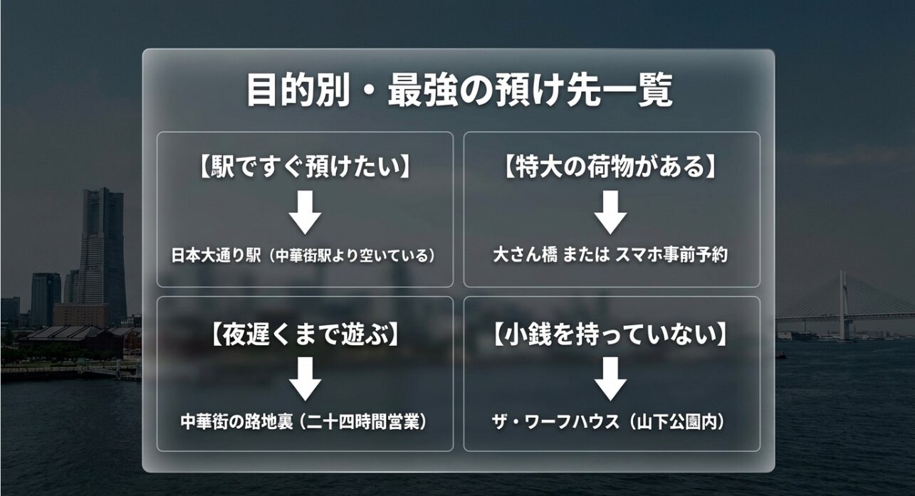 深夜の路地裏ロッカーや、ベビーカーも預けられるスマホ事前予約サービスを紹介するスライド。確実性を求める人への裏ワザとして提案。