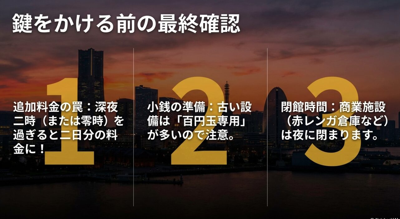目的別の最適解をまとめたスライド。「駅ですぐ」「特大荷物」「夜遅くまで」「小銭なし」といったニーズごとに日本大通り駅や大さん橋などの場所を分類。