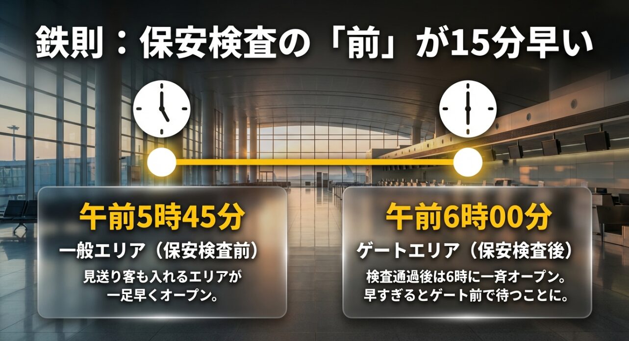 保安検査前（一般エリア）は5時45分、検査後（ゲートエリア）は6時オープンという時間の違いを解説するスライド