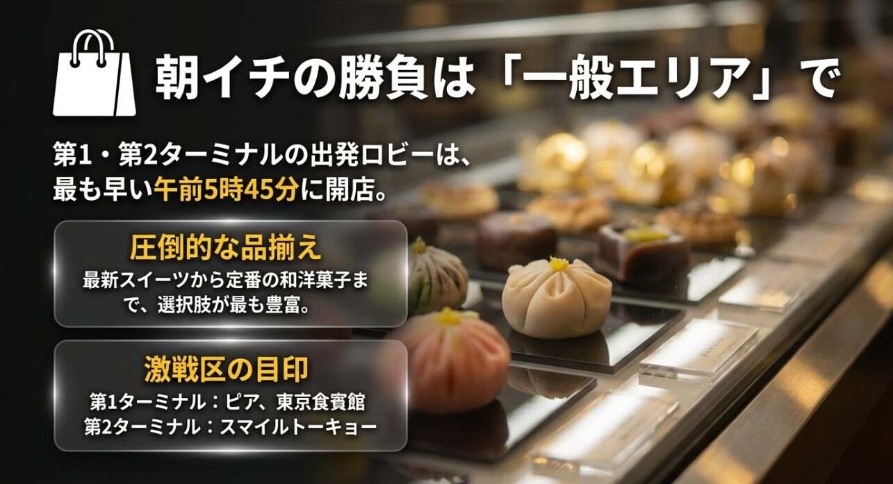 第1・第2ターミナルの出発ロビー（一般エリア）が5時45分に開店し、品揃えが豊富であることを示すスライド