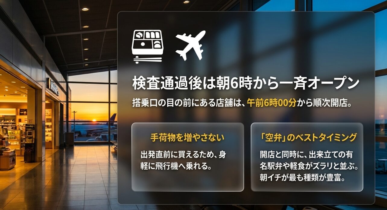 ゲートエリアが朝6時から一斉オープンし、手荷物を増やさず空弁購入などに適していることの解説
