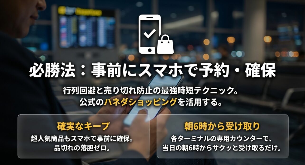 スマホを使ったお土産の事前予約と、朝6時から専用カウンターで受け取る手順の解説