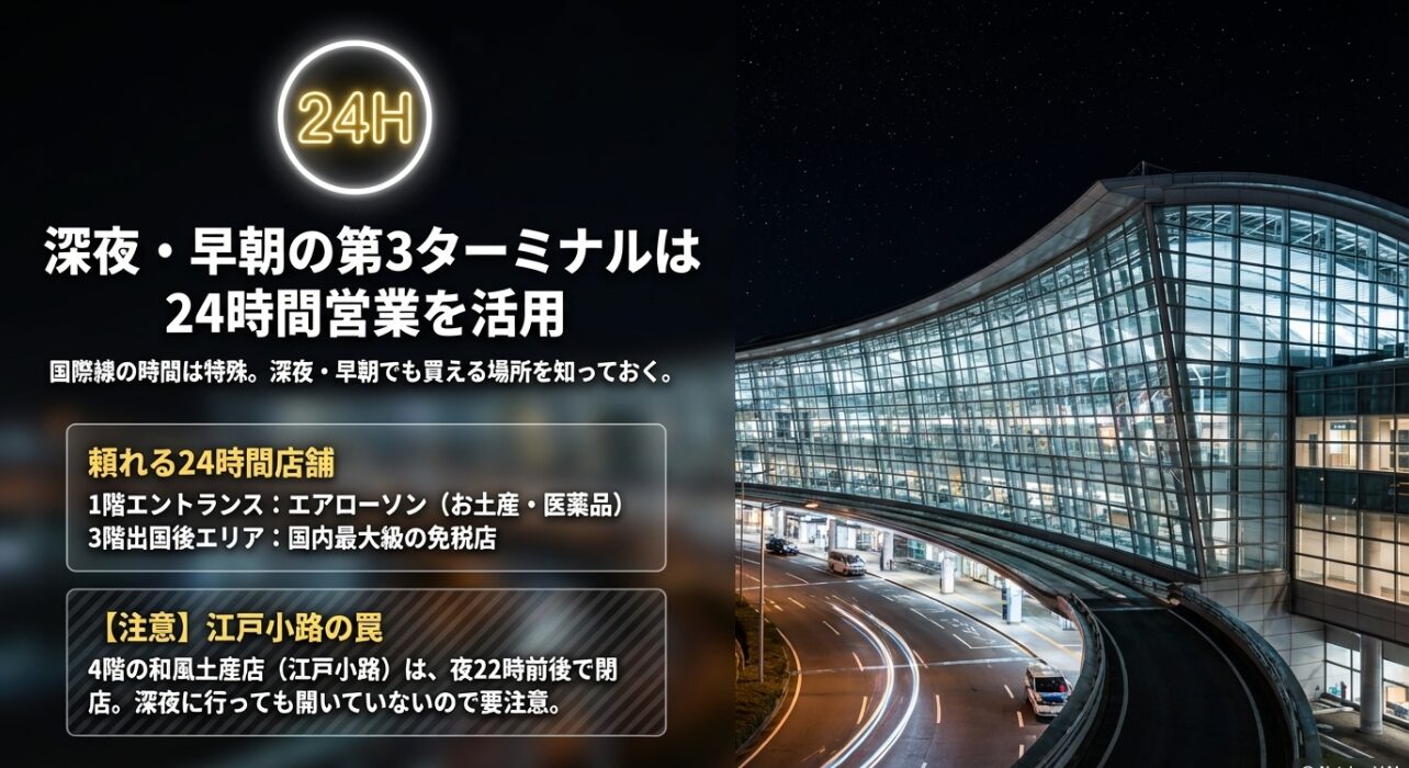 第3ターミナルの24時間営業店舗と、夜22時前後で閉店する江戸小路への注意喚起