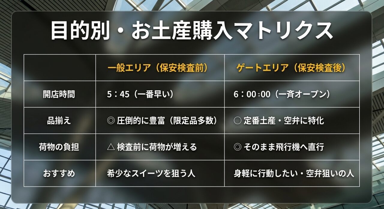 一般エリアとゲートエリアの開店時間・品揃え・荷物負担を比較した目的別お土産購入マトリクス表