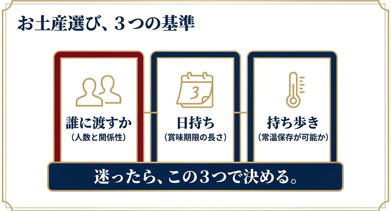 お土産選び、3つの基準（誰に渡すか、日持ち、持ち歩き）