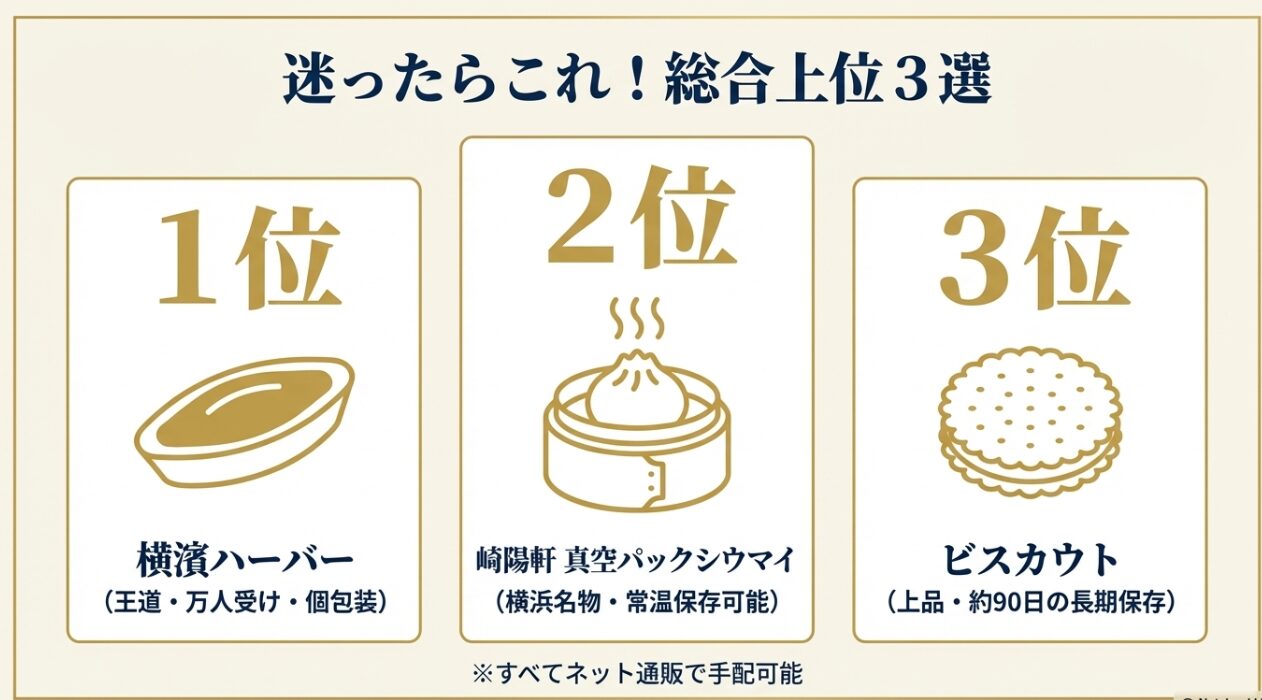 迷ったらこれ！総合上位3選（横濱ハーバー、崎陽軒シウマイ、ビスカウト） 