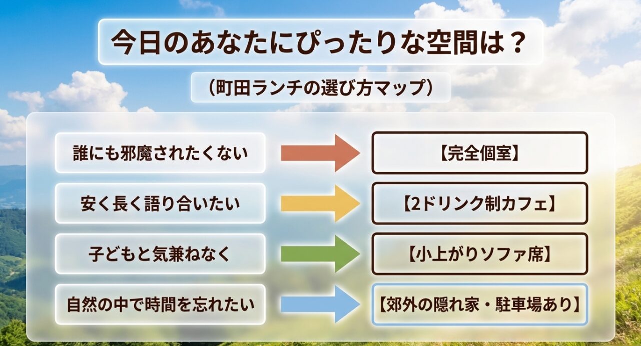 「誰にも邪魔されたくない(完全個室)」「安く長く語り合いたい(2ドリンク制カフェ)」「子どもと気兼ねなく(小上がりソファ席)」「自然の中で時間を忘れたい(郊外の隠れ家)」など、目的別に最適な空間がひと目でわかるマトリックス図 。