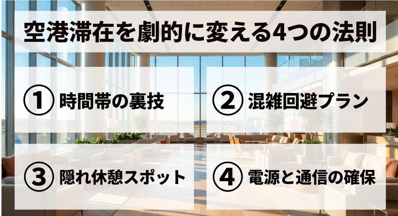 空港滞在を劇的に変える4つの法則。時間帯の裏技、混雑回避プラン、隠れ休憩スポット、電源と通信の確保