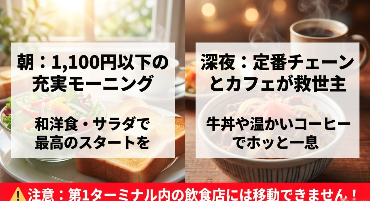 朝は1,100円以下の充実モーニング、深夜は定番チェーンとカフェが救世主。第1ターミナル内の飲食店には移動できない注意書き