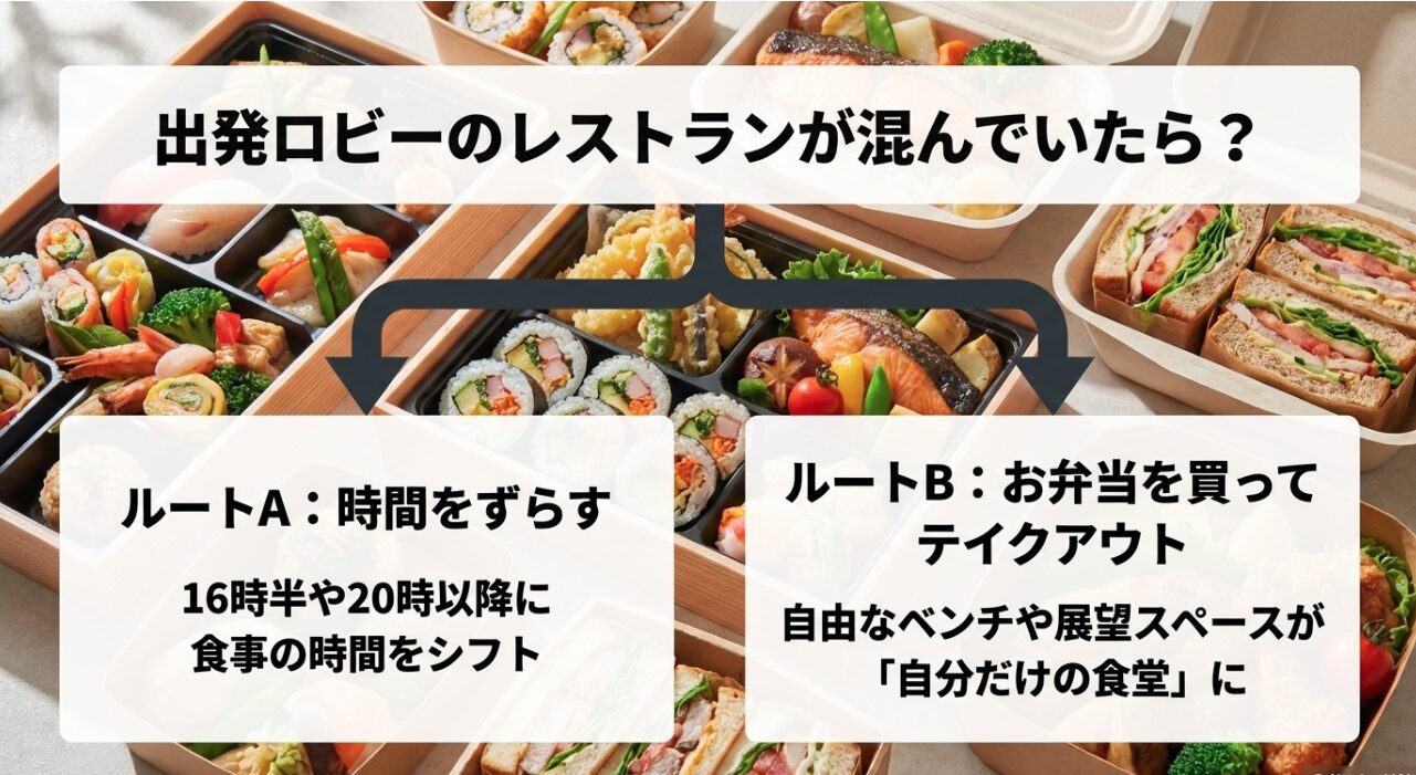 レストランが混んでいる場合の回避策。16時半や20時以降に時間をずらすルートAと、お弁当を買って展望スペース等で食べるルートB