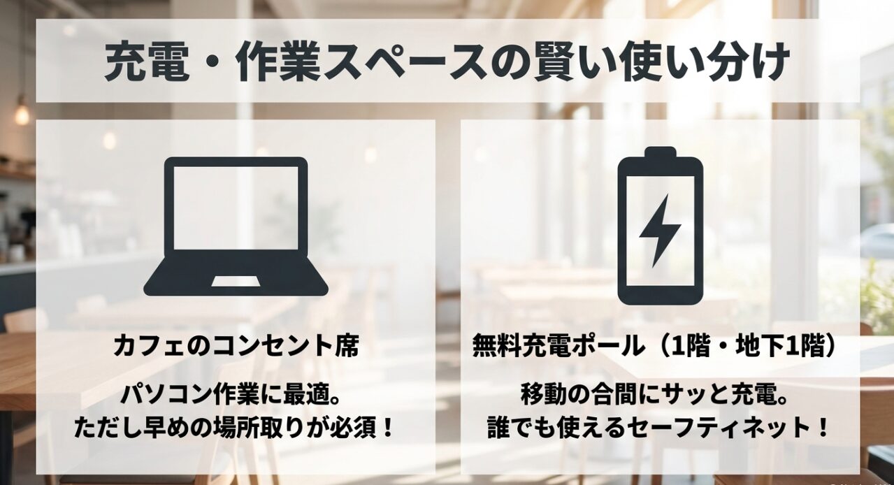 充電・作業スペースの使い分け。パソコン作業に最適なカフェのコンセント席と、移動の合間にサッと充電できる1階・地下1階の無料充電ポール