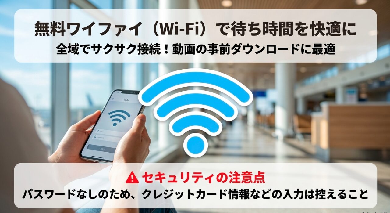 無料Wi-Fiで待ち時間を快適に。動画の事前ダウンロードに最適だが、パスワードなしのためクレジットカード情報などの入力は控えること