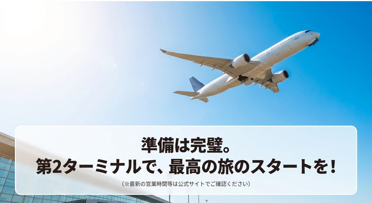 準備は完璧。第2ターミナルで最高の旅のスタートを。最新の営業時間は公式サイトで要確認
