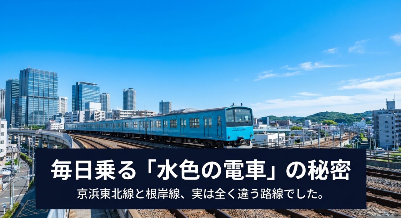 毎日乗る水色の電車の秘密。京浜東北線と根岸線が実は全く違う路線であることを示すタイトルスライド。