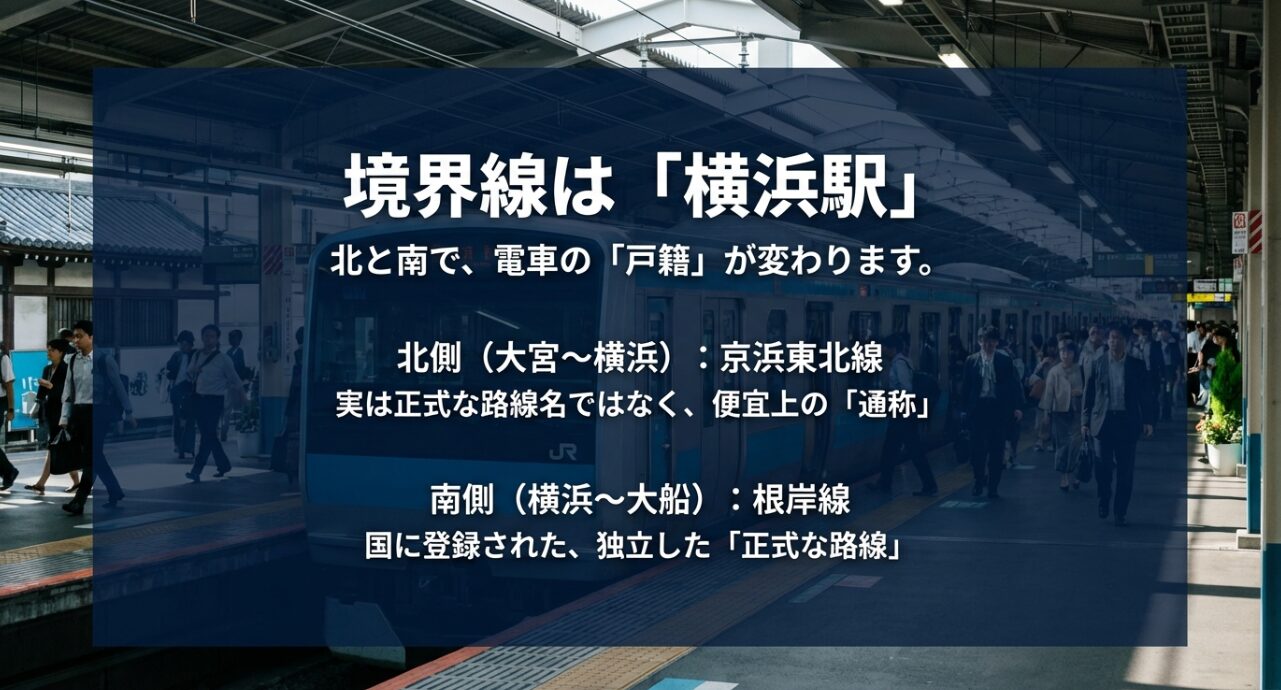 北側の京浜東北線と南側の根岸線で電車の戸籍が横浜駅を境界に変わることを示すスライド。