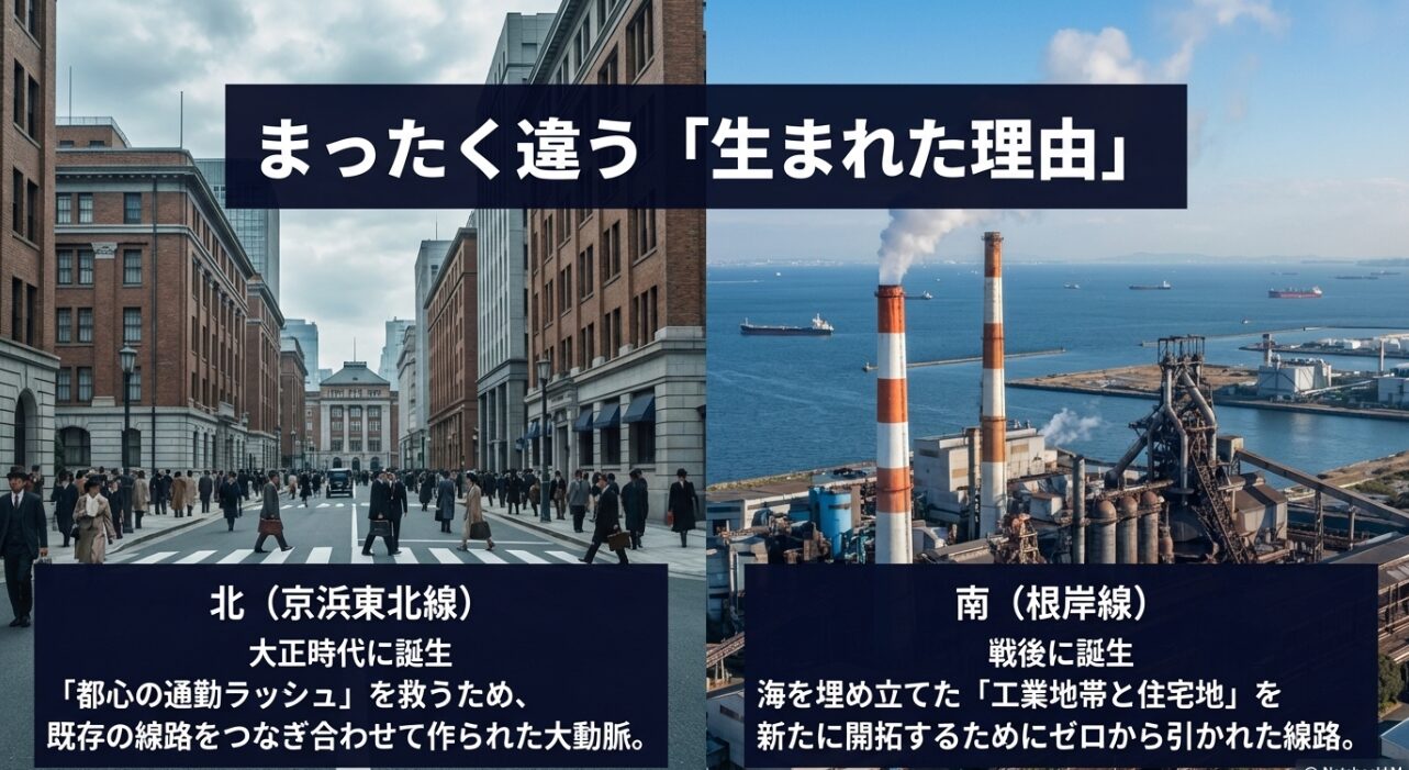 大正時代に都心の通勤ラッシュを救うために生まれた北側と、戦後に工業地帯と住宅地を開拓するために生まれた南側の歴史の違いを示すスライド。