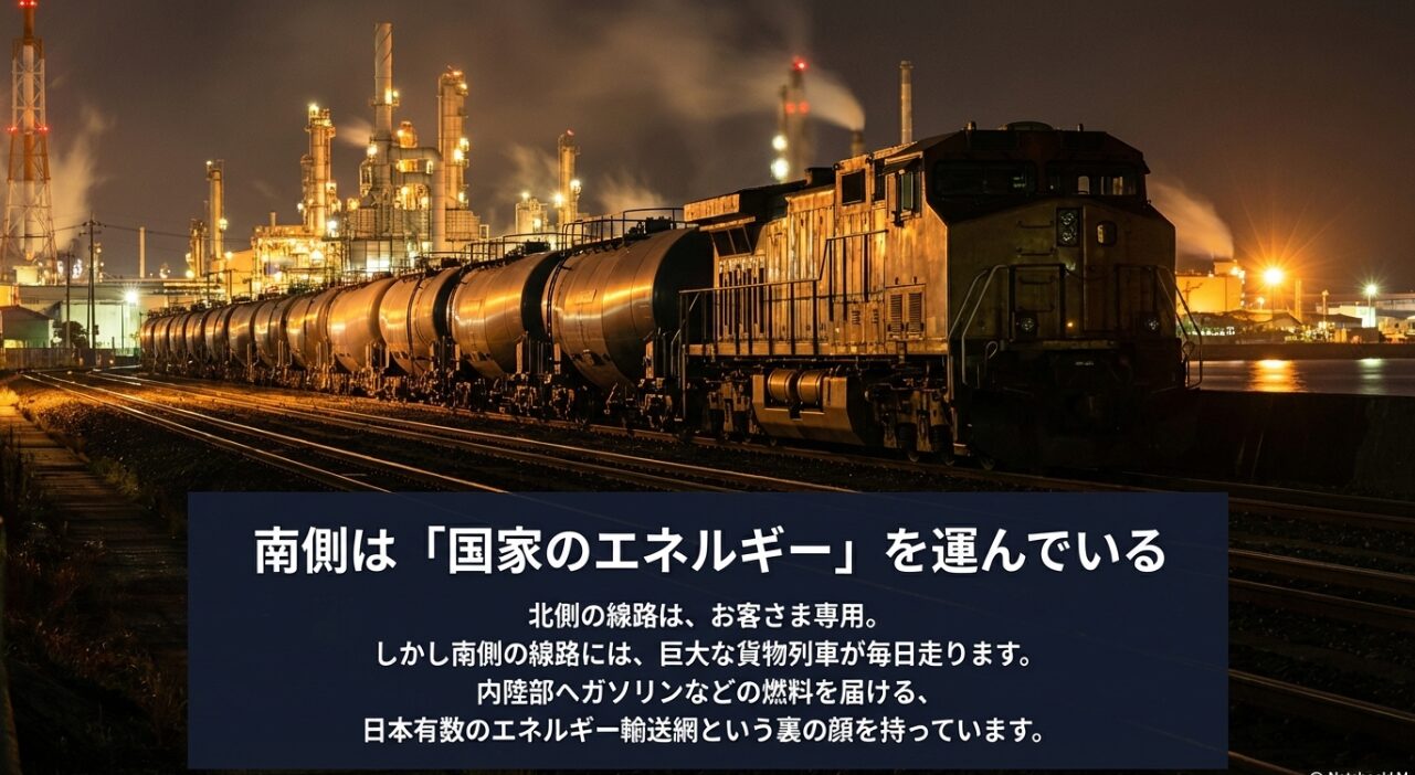 お客さま専用の北側の線路に対し、南側は内陸部へ燃料を届ける巨大な貨物列車が走るエネルギー輸送網である旨の解説スライド。