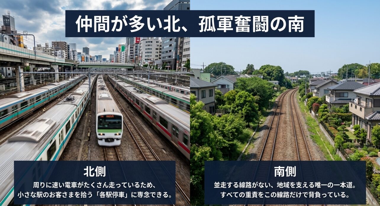 仲間が多い北側と、孤軍奮闘の南側。周りに速い電車がたくさん走る北側と、並走する線路がなく地域を一本道で支える南側の役割の違いを示すスライド。