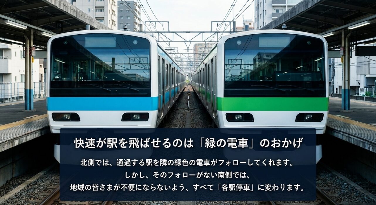 快速が駅を飛ばせるのは緑の電車のおかげ。北側は通過する駅を緑色の電車がフォローする一方、南側はそのフォローがないためすべて各駅停車に変わることを説明するスライド。