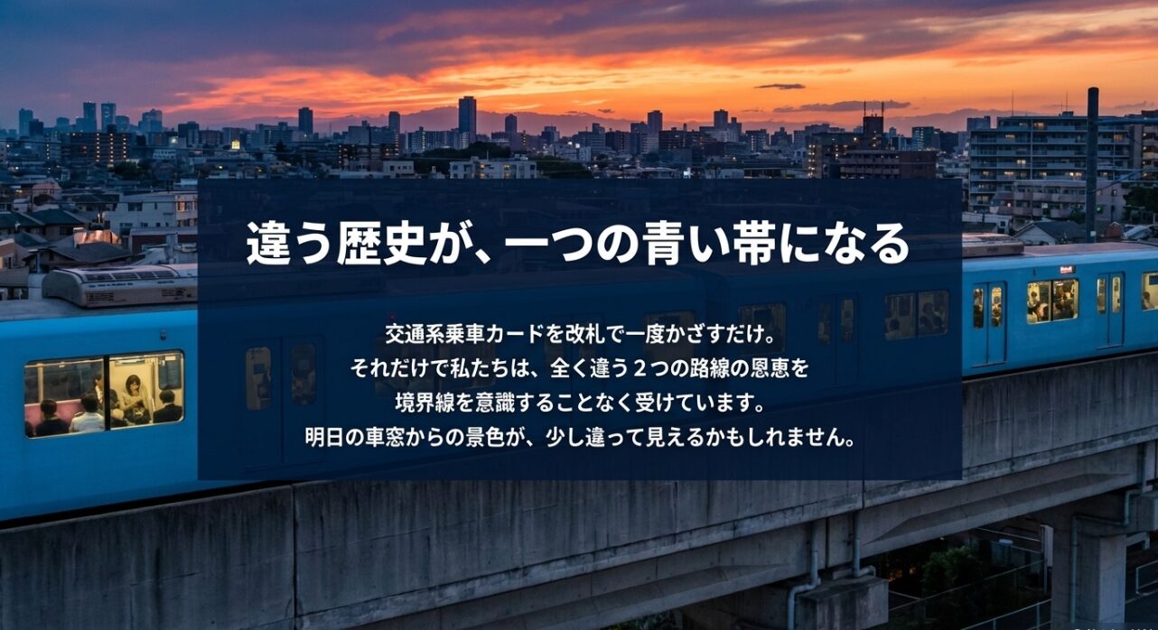 違う歴史が一つの青い帯になる。全く違う2つの路線が1つの帯となり、ICカードをかざすだけで境界線を意識することなく利用できることを伝えるスライド。